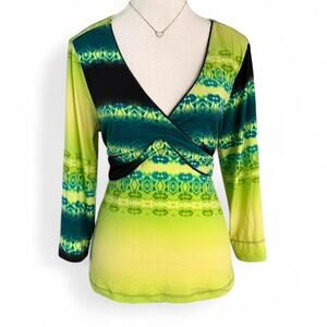 Y2K Baby Doll Cocomo green black tie-dye blouse tie waist 3/4 sleeves size PXL